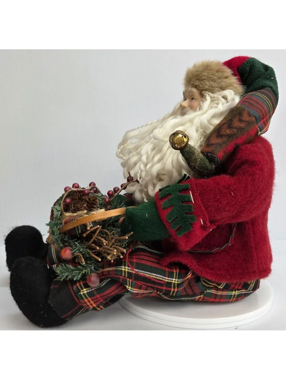 Vintage Christmas Santa Claus Shelf Sitter Doll Plaid Outfit Basket Rustic Decor
